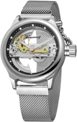 Mesh Band Watch MASTOP Unique Mens Automatic neptune Watch Minimalist Transparent Dial Analogue Display and Silver Tone 