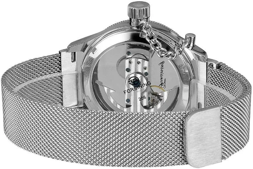 Mesh Band Watch MASTOP Unique Mens Automatic neptune Watch Minimalist Transparent Dial Analogue Display and Silver Tone 
