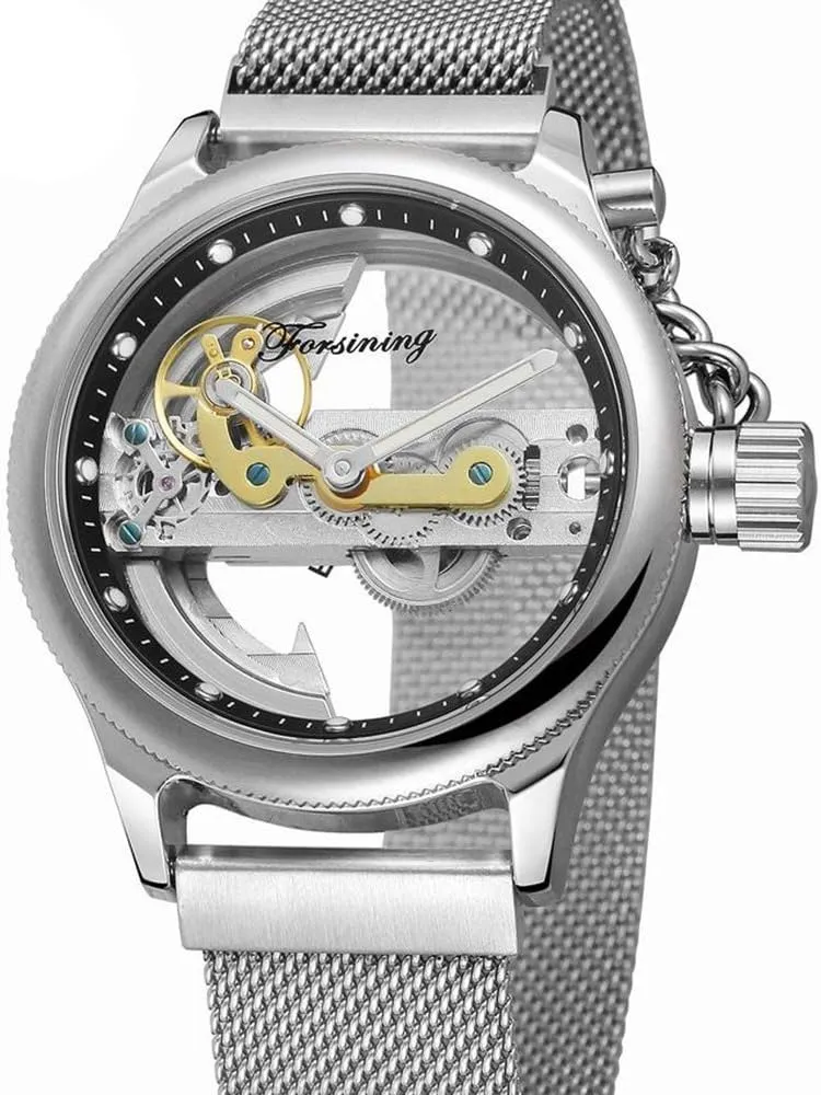 Mesh Band Watch MASTOP Unique Mens Automatic neptune Watch Minimalist Transparent Dial Analogue Display and Silver Tone 
