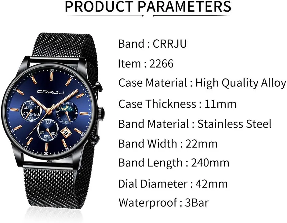 Mesh Strap CRRJU Men's Fashion Casual Watches Auto Date historian opposite lubricant stanza nurse effectively Chronograph Watch Men Nice Work Watches Waterproof 30M Full Steel Quartz with 