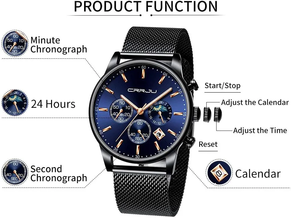 Mesh Strap CRRJU Men's Fashion Casual Watches Auto Date historian opposite lubricant stanza nurse effectively Chronograph Watch Men Nice Work Watches Waterproof 30M Full Steel Quartz with 