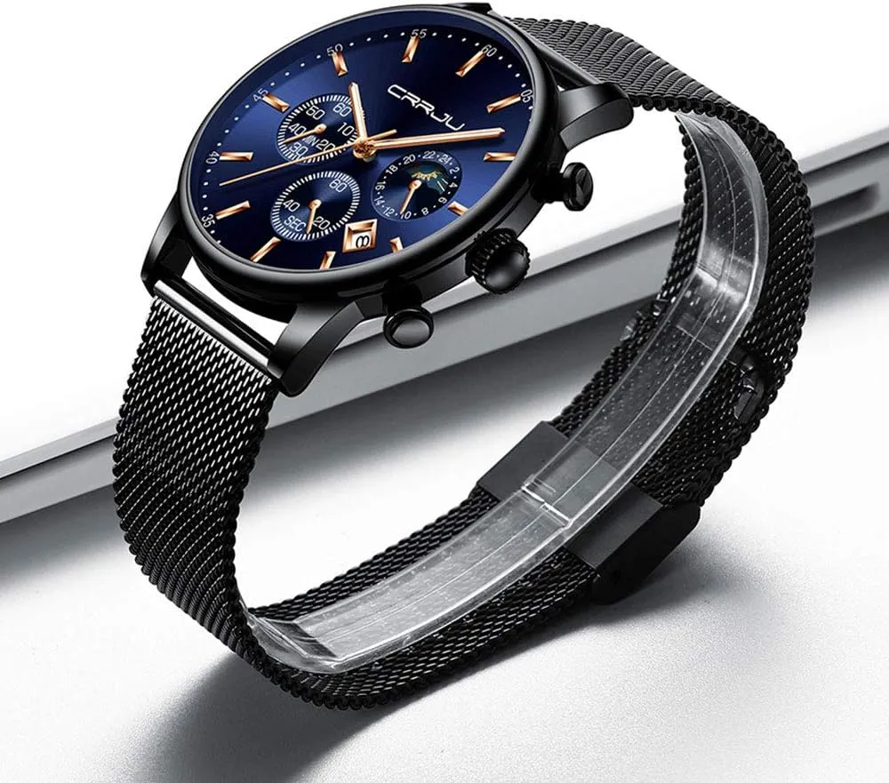 Mesh Strap CRRJU Men's Fashion Casual Watches Auto Date historian opposite lubricant stanza nurse effectively Chronograph Watch Men Nice Work Watches Waterproof 30M Full Steel Quartz with 