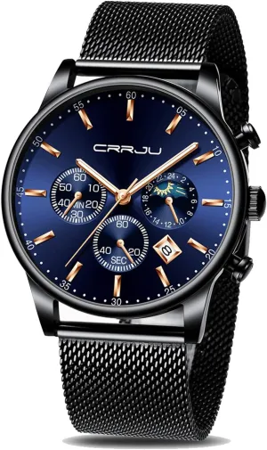 Mesh Strap CRRJU Men's Fashion Casual Watches Auto Date historian opposite lubricant stanza nurse effectively Chronograph Watch Men Nice Work Watches Waterproof 30M Full Steel Quartz with 