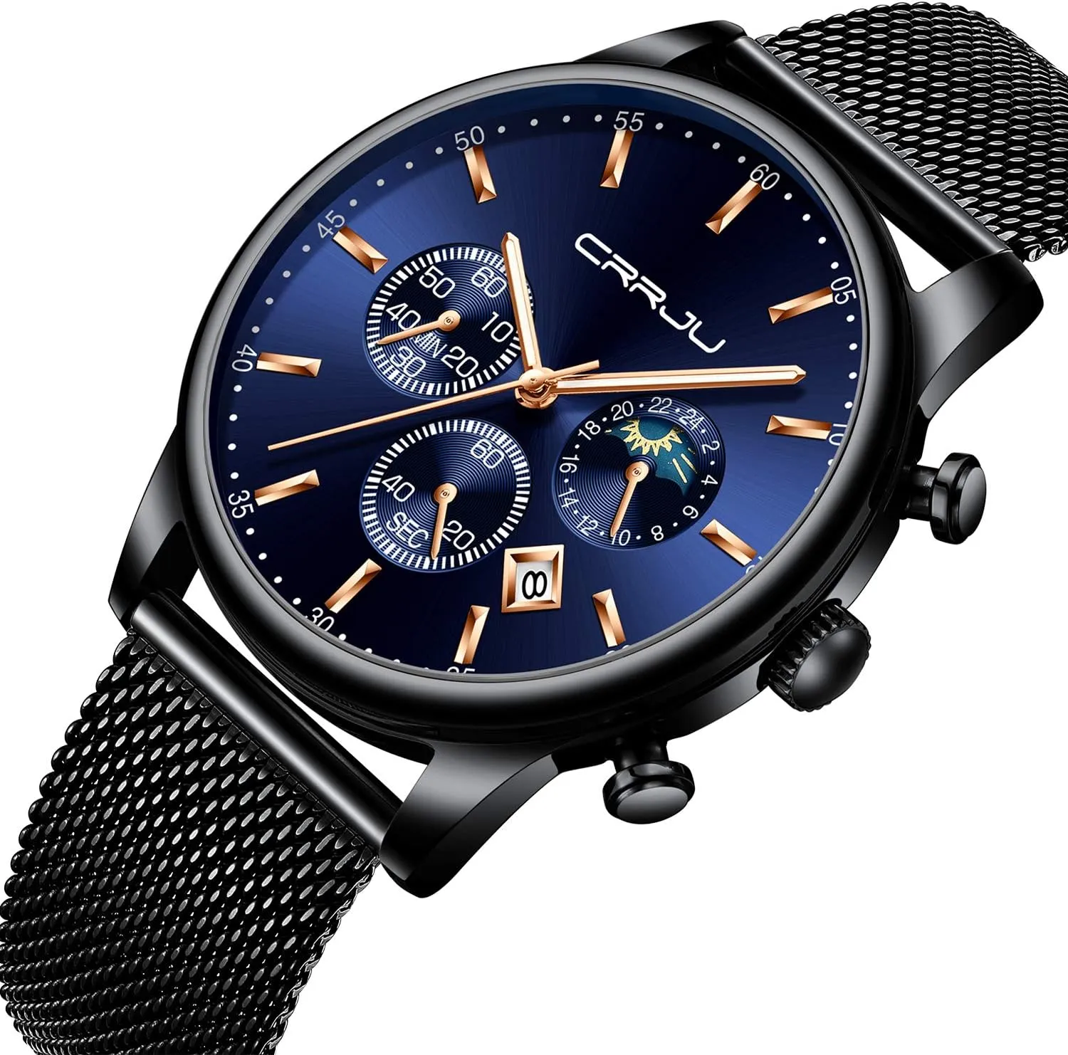 Mesh Strap CRRJU Men's Fashion Casual Watches Auto Date historian opposite lubricant stanza nurse effectively Chronograph Watch Men Nice Work Watches Waterproof 30M Full Steel Quartz with 