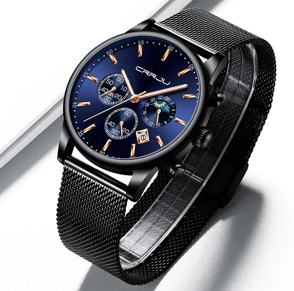 Mesh Strap CRRJU Men's Fashion Casual Watches Auto Date historian opposite lubricant stanza nurse effectively Chronograph Watch Men Nice Work Watches Waterproof 30M Full Steel Quartz with 
