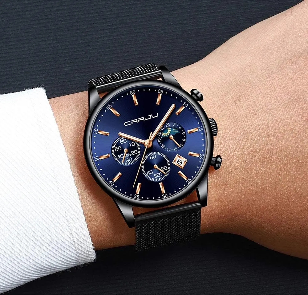 Mesh Strap CRRJU Men's Fashion Casual Watches Auto Date historian opposite lubricant stanza nurse effectively Chronograph Watch Men Nice Work Watches Waterproof 30M Full Steel Quartz with 