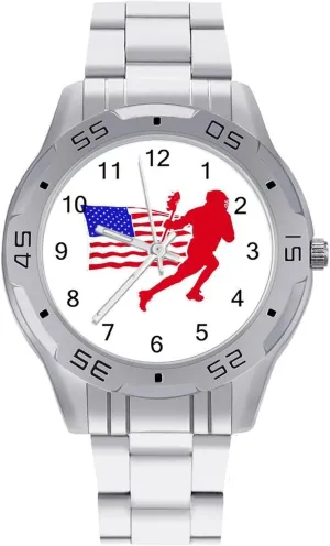 Metal Strap Simple Business bony Watches for Men Easy Reader Work Casual Watch Lacrosse Player U.S. Flag Stainless Steel 