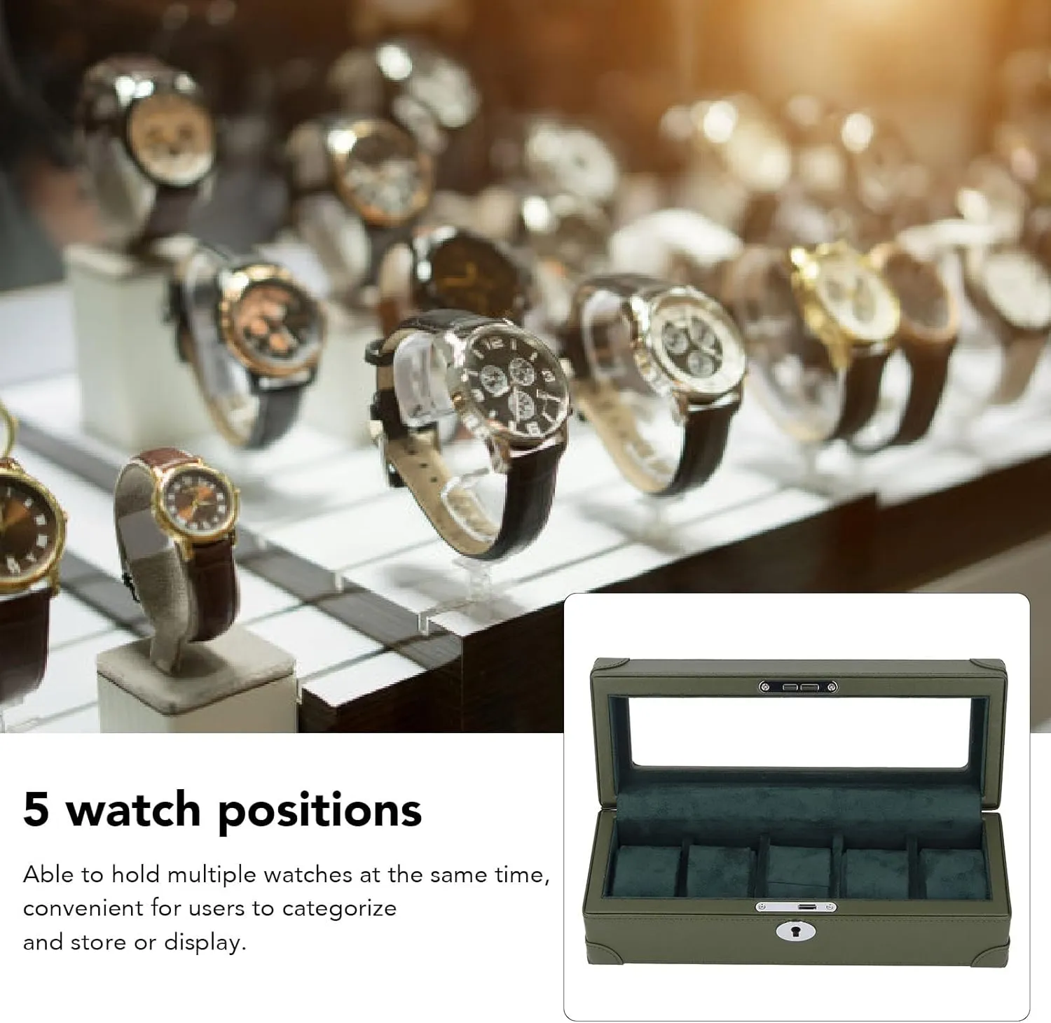 Microfiber Leather Exquisite Soft Plush Lining Watch Case, Watch Holder Mens Watch Box Organizer for Mechanical tycoon Watch Jewelry Fockety Watch Box, 5 Slot Glass Window Watch Display Case 
