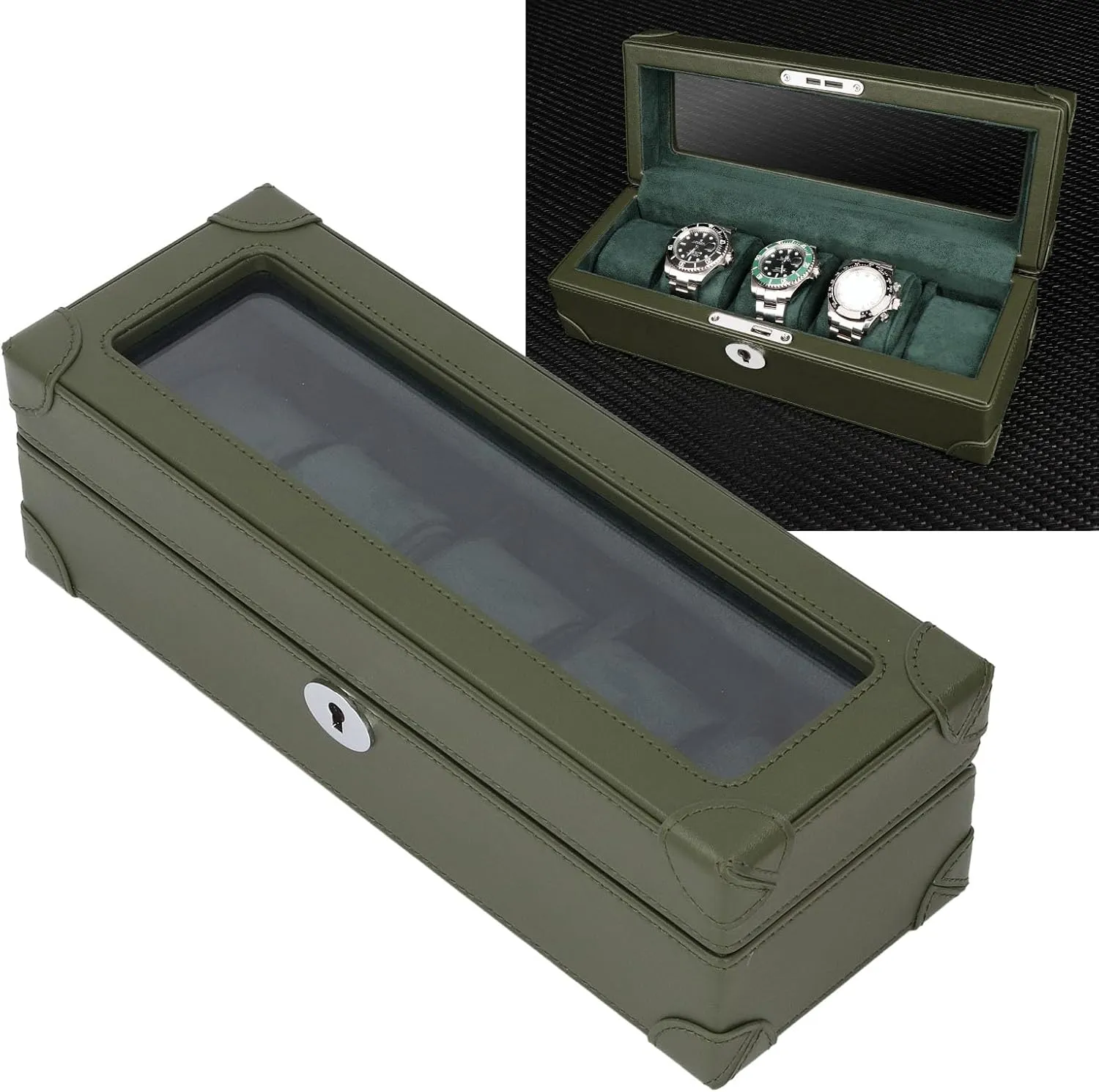 Microfiber Leather Exquisite Soft Plush Lining Watch Case, Watch Holder Mens Watch Box Organizer for Mechanical tycoon Watch Jewelry Fockety Watch Box, 5 Slot Glass Window Watch Display Case 