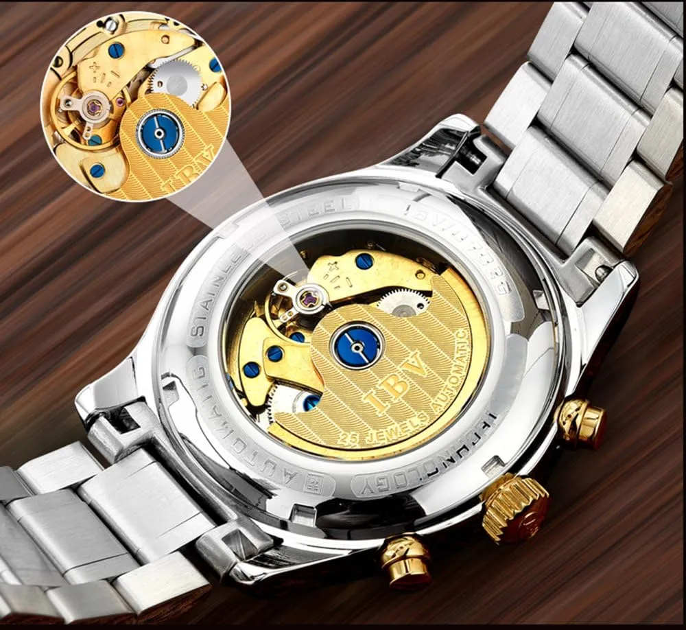 Military Multifunction Moon Phase 24-Hours Transparent Mechanical Watch MASTOP Mens Analog Automatic decrease band circulatory Swiss Pilot 