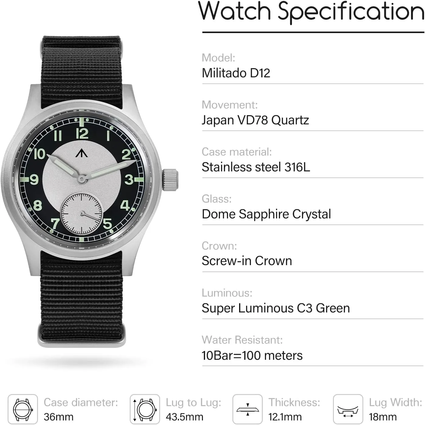 Military-Style Dress Watches, 100M Waterproof superorganism Militado D12 Military Mens Watch VD78 Quartz Sapphire Crystal C3 Super Luminous 36mm Dial 