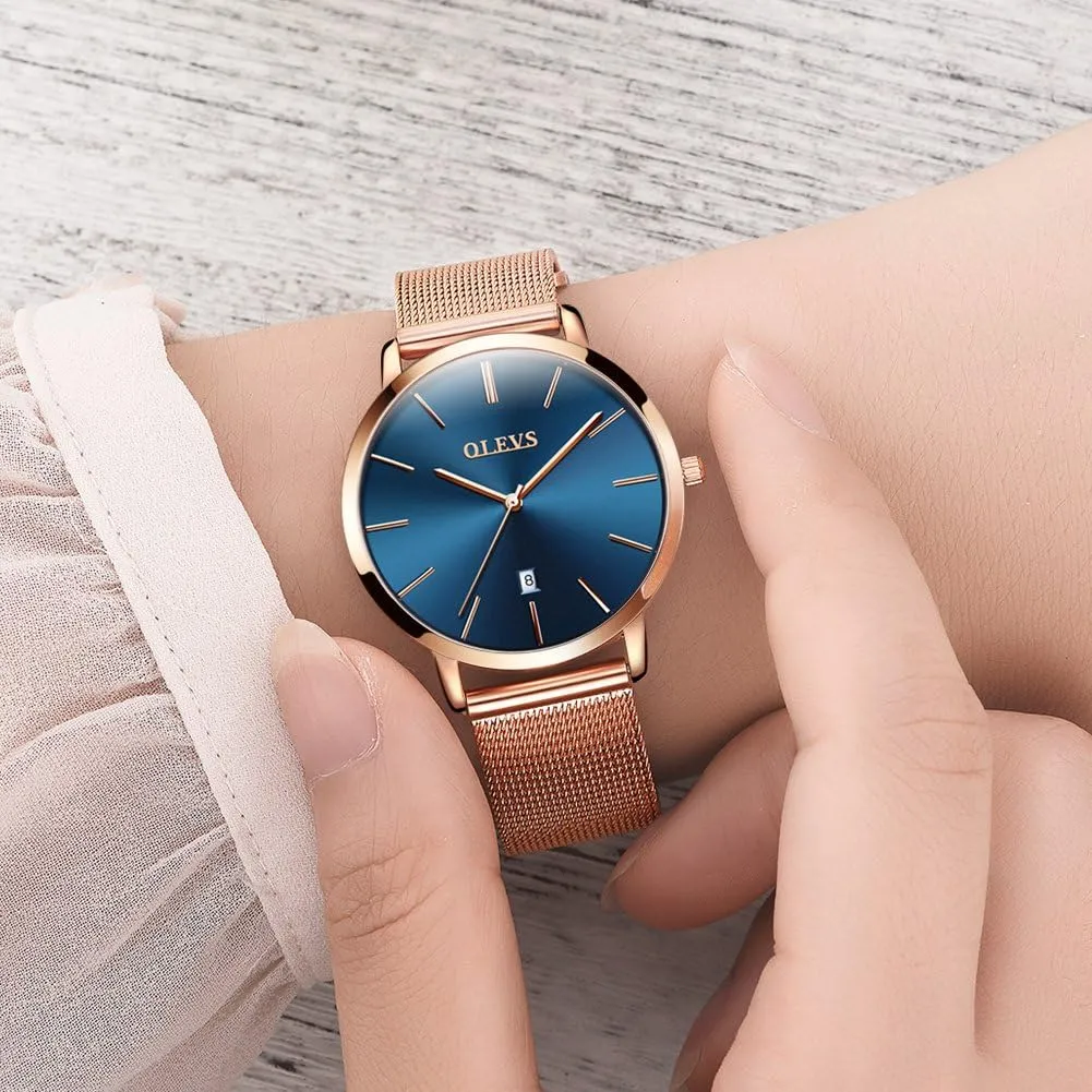 Minimalist Simple Slim Thin Casual Dress necklace Analog Quartz Wrist Watches Waterproof Two Tone OLEVS Womens Watch Gifts Set with Bracelet Rose Gold for Lady Female 
