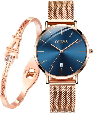 Minimalist Simple Slim Thin Casual Dress necklace Analog Quartz Wrist Watches Waterproof Two Tone OLEVS Womens Watch Gifts Set with Bracelet Rose Gold for Lady Female 