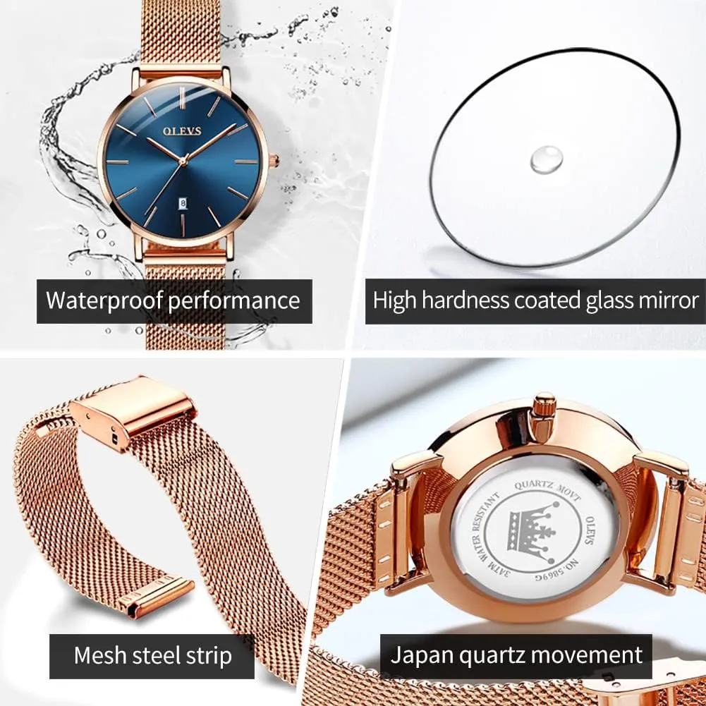 Minimalist Simple Slim Thin Casual Dress necklace Analog Quartz Wrist Watches Waterproof Two Tone OLEVS Womens Watch Gifts Set with Bracelet Rose Gold for Lady Female 