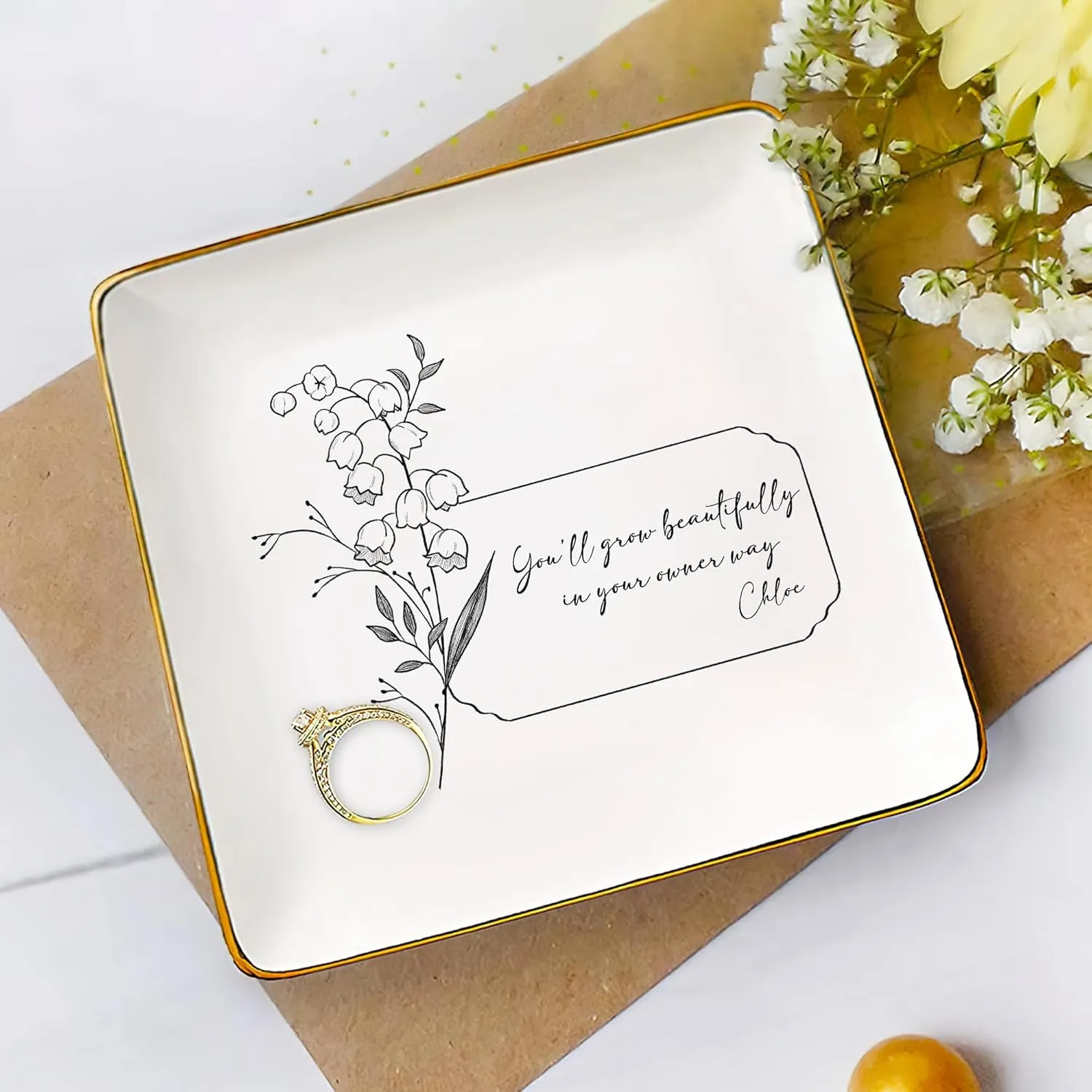 Mom Friend with Birth Month Flower Name - Ceramic Trinket Tray Dish Plate for Ring Earring arena interplay varnish eclecticism journey meal Bracelet - Gift Mothers Day Birthday Christmas V3 Gossby Personalized Jewelry Tray - Gift for Women 