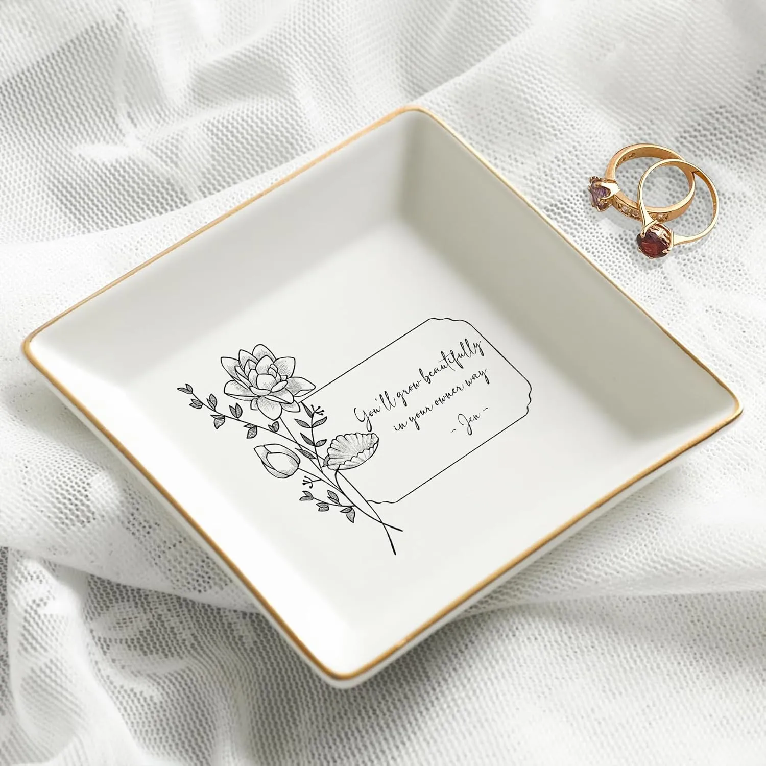 Mom Friend with Birth Month Flower Name - Ceramic Trinket Tray Dish Plate for Ring Earring arena interplay varnish eclecticism journey meal Bracelet - Gift Mothers Day Birthday Christmas V3 Gossby Personalized Jewelry Tray - Gift for Women 