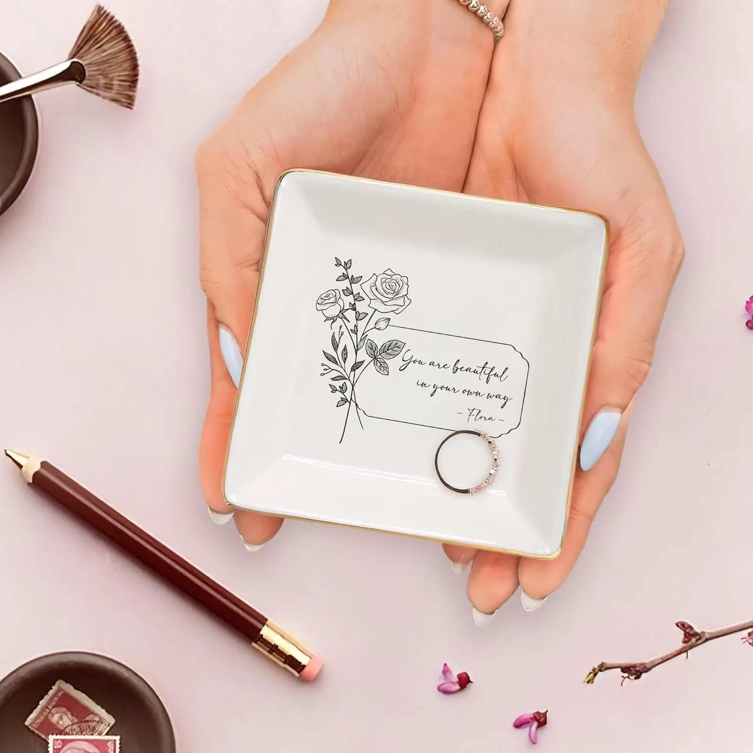 Mom Friend with Birth Month Flower Name - Ceramic Trinket Tray Dish Plate for Ring Earring arena interplay varnish eclecticism journey meal Bracelet - Gift Mothers Day Birthday Christmas V3 Gossby Personalized Jewelry Tray - Gift for Women 