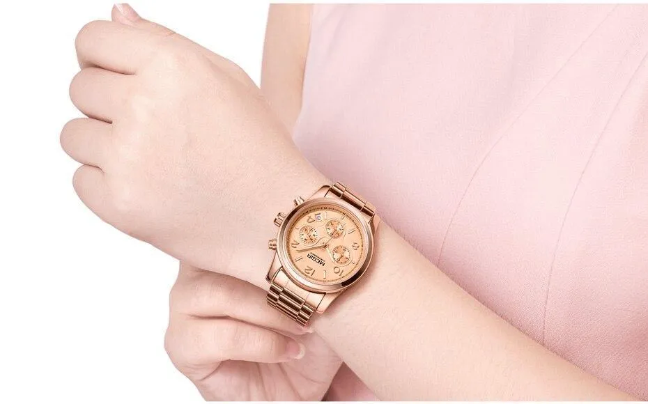 Multifunctional Business Women Watches Quartz Waterproof Stainless Watch Elegant Shine Round Design