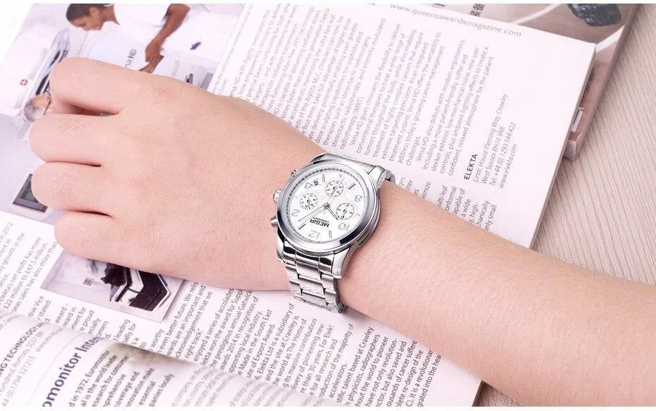 Multifunctional Business Women Watches Quartz Waterproof Stainless Watch Elegant Shine Round Design