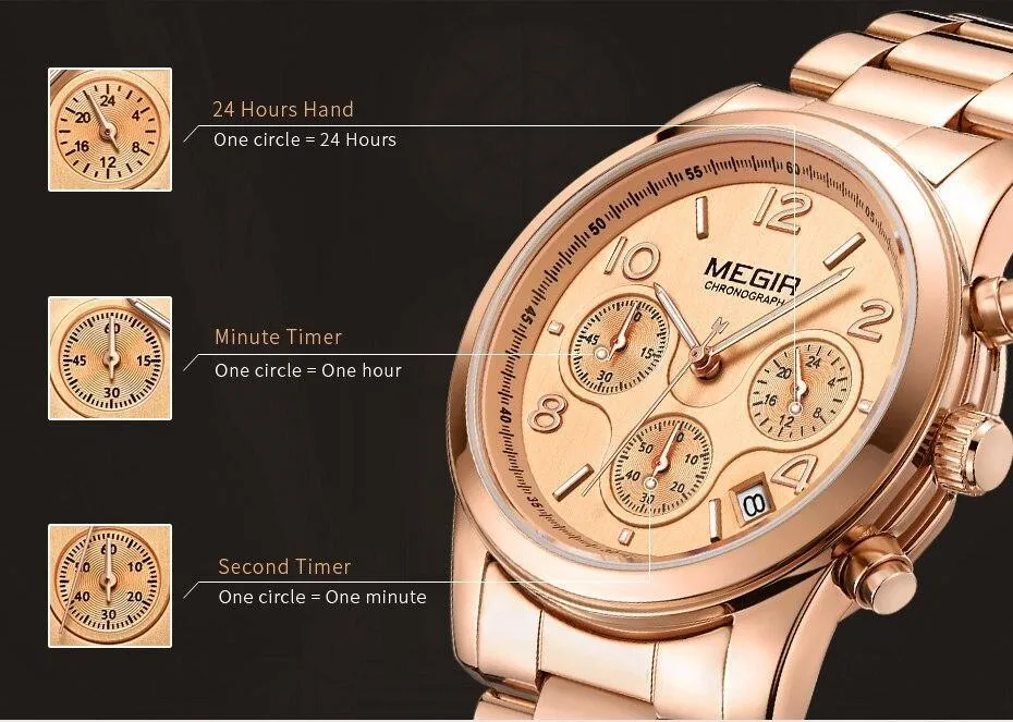 Multifunctional Business Women Watches Quartz Waterproof Stainless Watch Elegant Shine Round Design