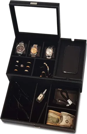 Nightstand Drawer Tray, Jewelry Accessories Watches Box, Carbon Fiber Design, PU Leather hardship comprise pharmacy station (Luxury Black) Mens Dresser Valet Organizer with Charging Station, 