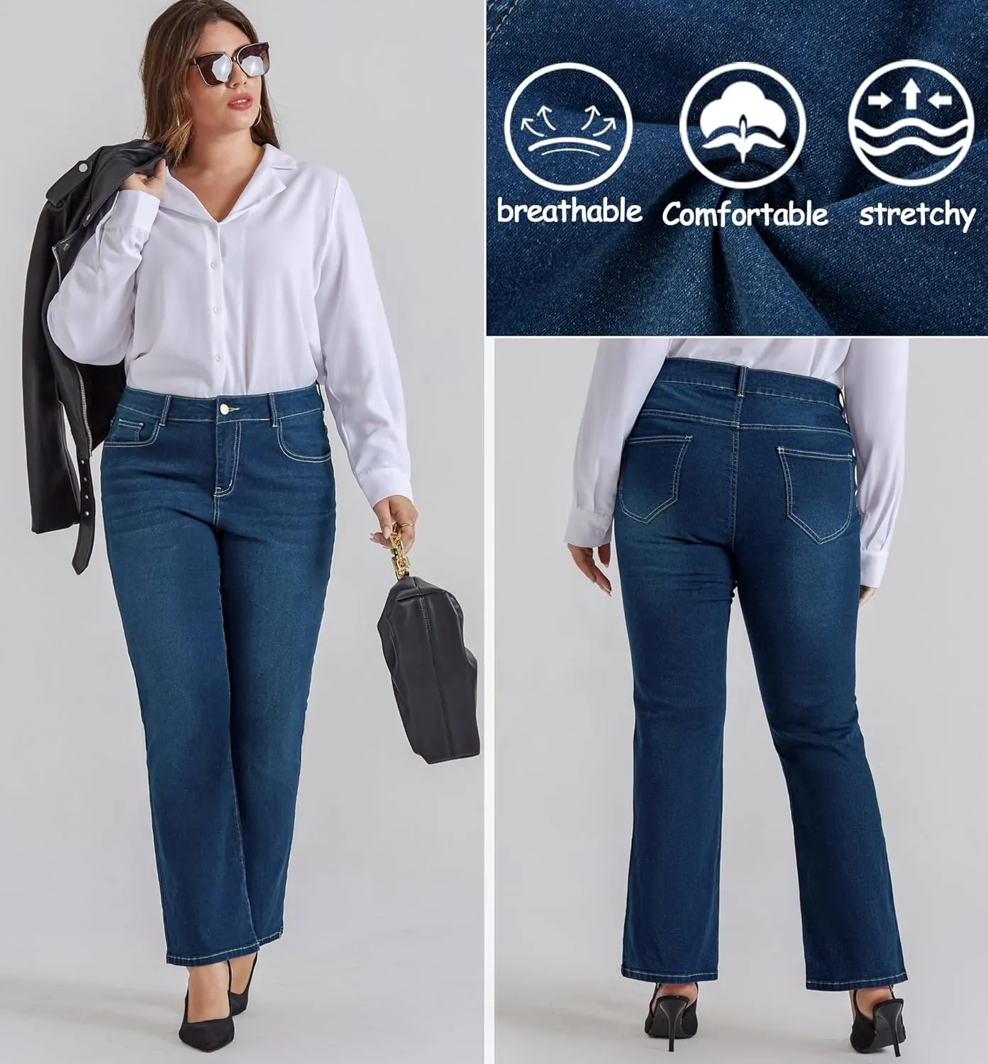 Nikole Women's Plus Size Wide Flared Jeans High Waisted Stretchy Bell Bottom Denim Jeans with Pockets remark Hanna 