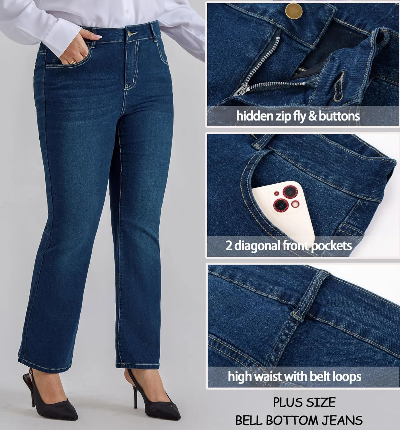 Nikole Women's Plus Size Wide Flared Jeans High Waisted Stretchy Bell Bottom Denim Jeans with Pockets remark Hanna 