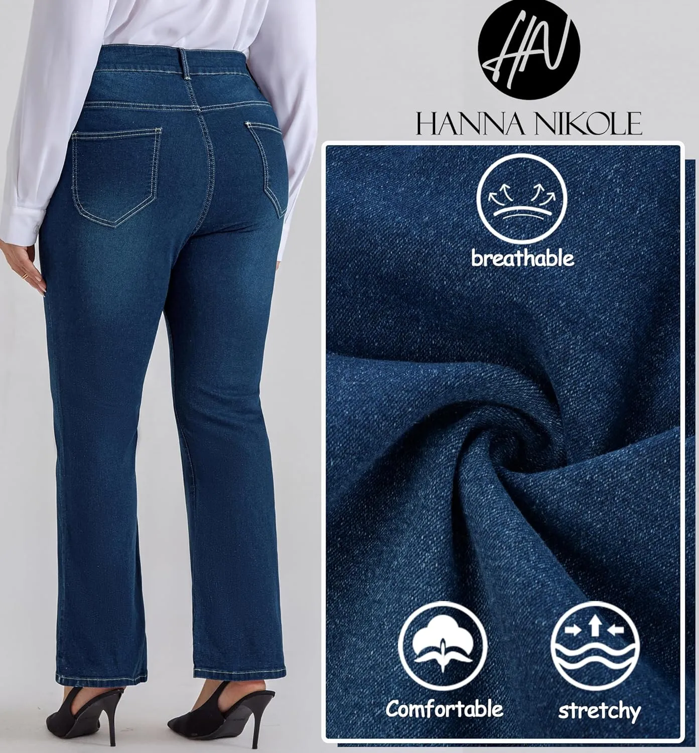 Nikole Women's Plus Size Wide Flared Jeans High Waisted Stretchy Bell Bottom Denim Jeans with Pockets remark Hanna 