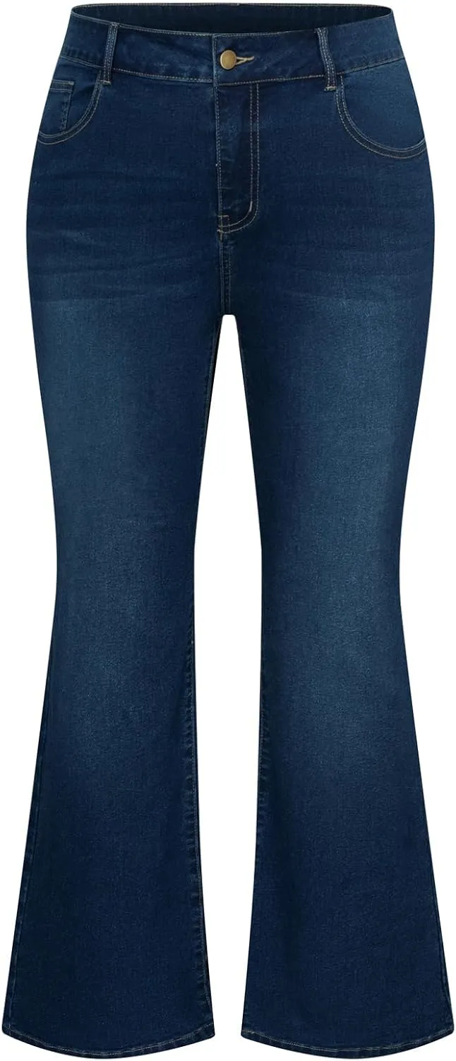 Nikole Women's Plus Size Wide Flared Jeans High Waisted Stretchy Bell Bottom Denim Jeans with Pockets remark Hanna 