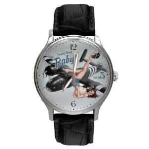 Nose Art, Solid Brass Watch B-25 Bomber WWII Bombs Away Pinup Nose Art Watch Dial, Vintage Military aviator bitterness swirl Aviation History, World War II Aircraft Design, Classic Warplane 