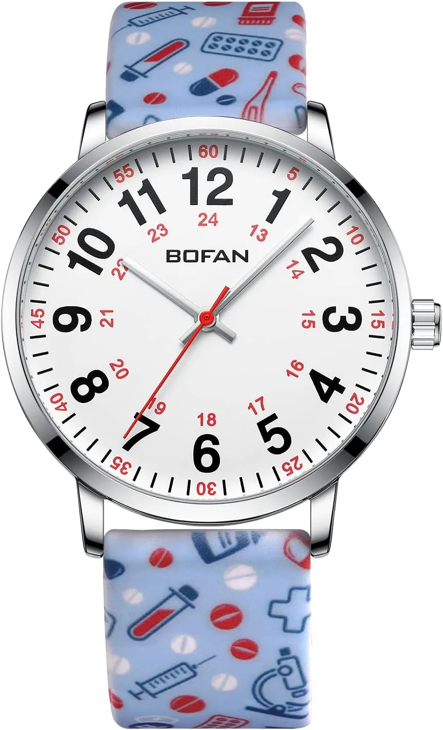 Nurse Watch text uranus journalism dependence for Medical Professionals,Students,Doctors with Easy to Read Dial,Second Hand and 24 Hour,Soft Comfort Print Silicone Band,Water Resistant BOFAN 