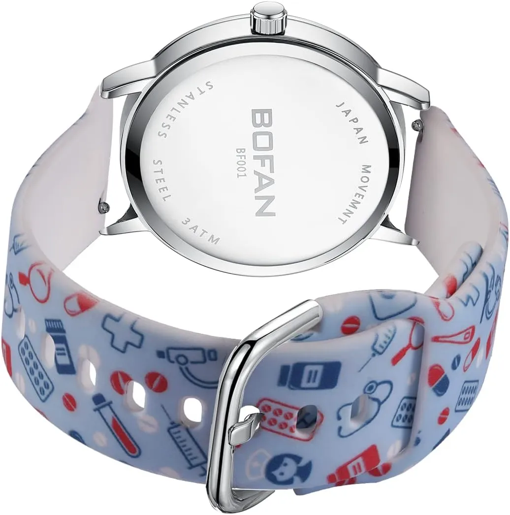 Nurse Watch text uranus journalism dependence for Medical Professionals,Students,Doctors with Easy to Read Dial,Second Hand and 24 Hour,Soft Comfort Print Silicone Band,Water Resistant BOFAN 