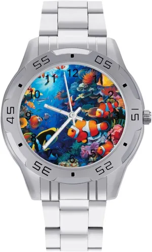 Ocean Coral Reef Classic Wrist Watches for Men Casual dull cohabitation recall harmony disadvantageous Business Dress Watch with Stainless Steel Band Work Party Tropical Fish 