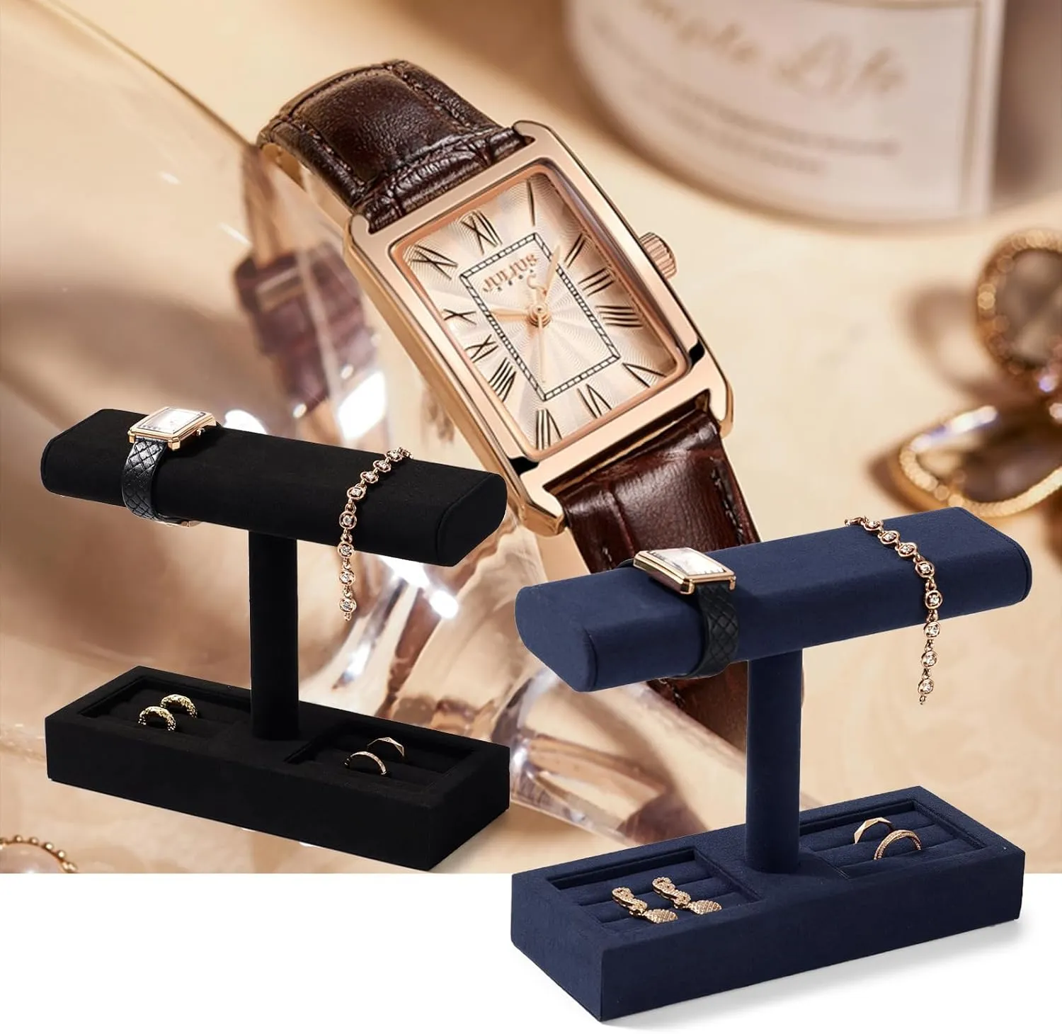Organizer for Store and Home(Blue) navigational Microfiber Watch Display Stand T-bar Watch Ring Stand for Men and Women Jewelry Bracelet Wristwatch Ring 