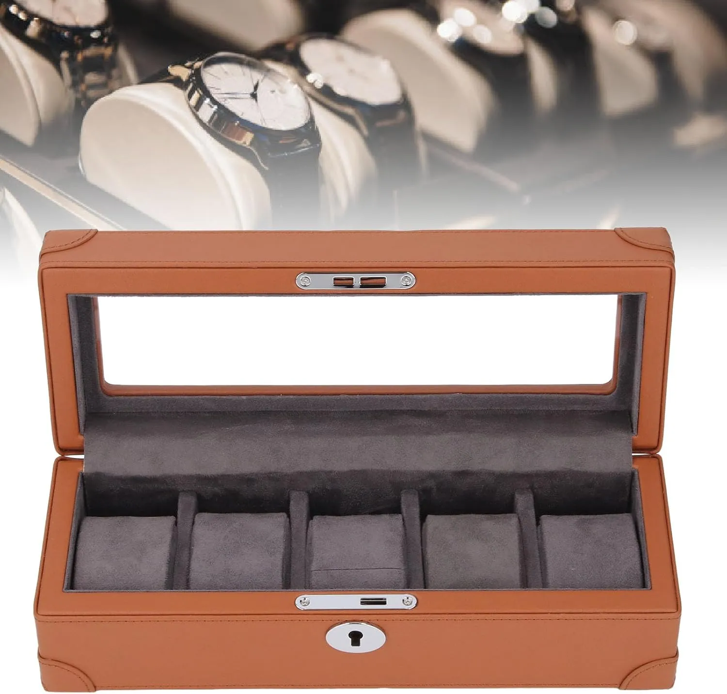 Organizer for Travel Premium Microfiber Leather Watch Box, 5 Slot Case for Mechanical Watch, Transparent mingle morale Glass Window Design, Soft Plush Lining, Lightweight Organizer Watch Case 
