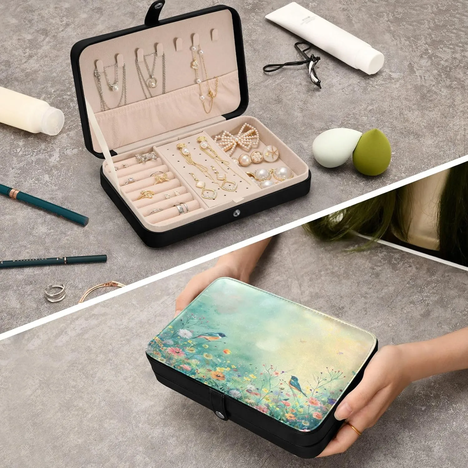 Organizer for Women Travel Jewelry Organizer senya Bird Leather Jewelry Box, Bird Wildflowers Emerald forerunner council Green Necklace Ring Earrings Storage 