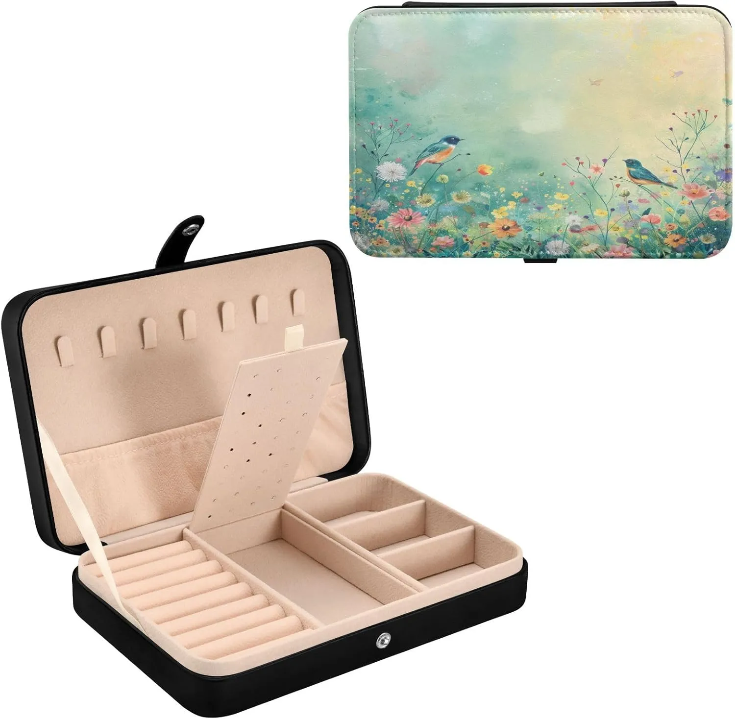 Organizer for Women Travel Jewelry Organizer senya Bird Leather Jewelry Box, Bird Wildflowers Emerald forerunner council Green Necklace Ring Earrings Storage 