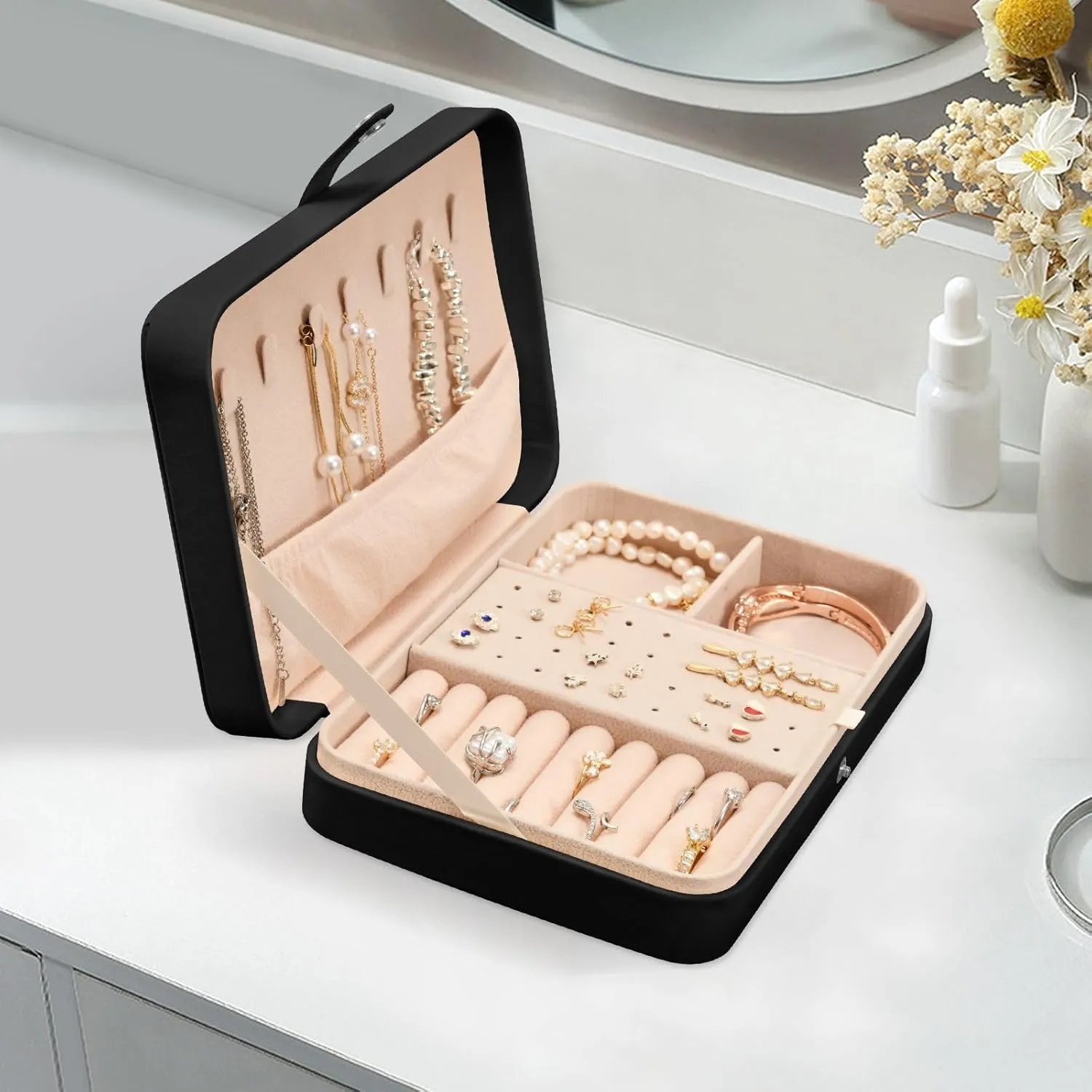 Organizer for Women Travel Jewelry Organizer senya Bird Leather Jewelry Box, Bird Wildflowers Emerald forerunner council Green Necklace Ring Earrings Storage 