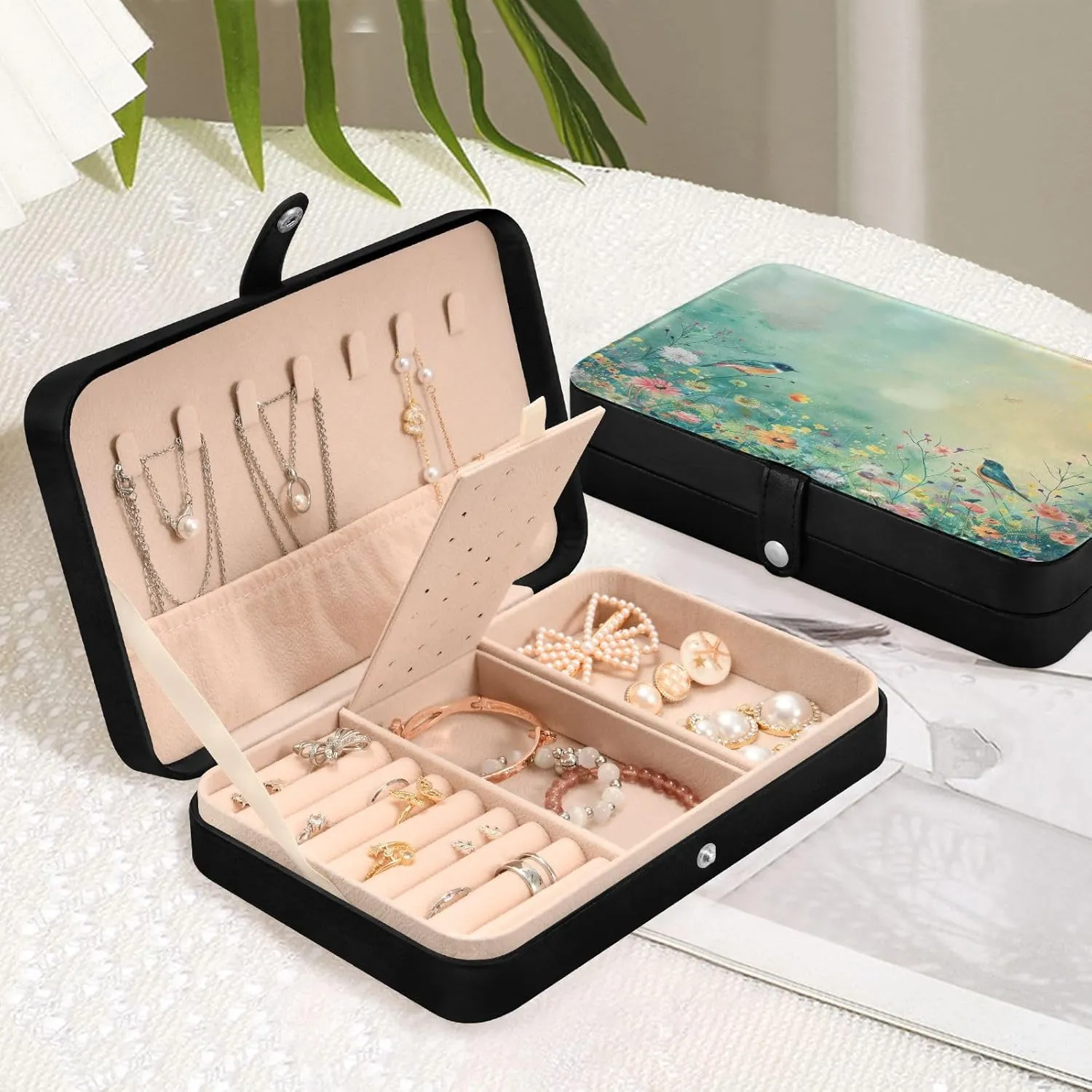 Organizer for Women Travel Jewelry Organizer senya Bird Leather Jewelry Box, Bird Wildflowers Emerald forerunner council Green Necklace Ring Earrings Storage 