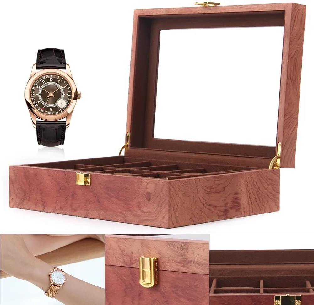Organizer vas Jewelry Storage Box Men Women Wooden Watch Box Surprise Gift 10 Slots Vintage Watch Box Glass Lid Display 