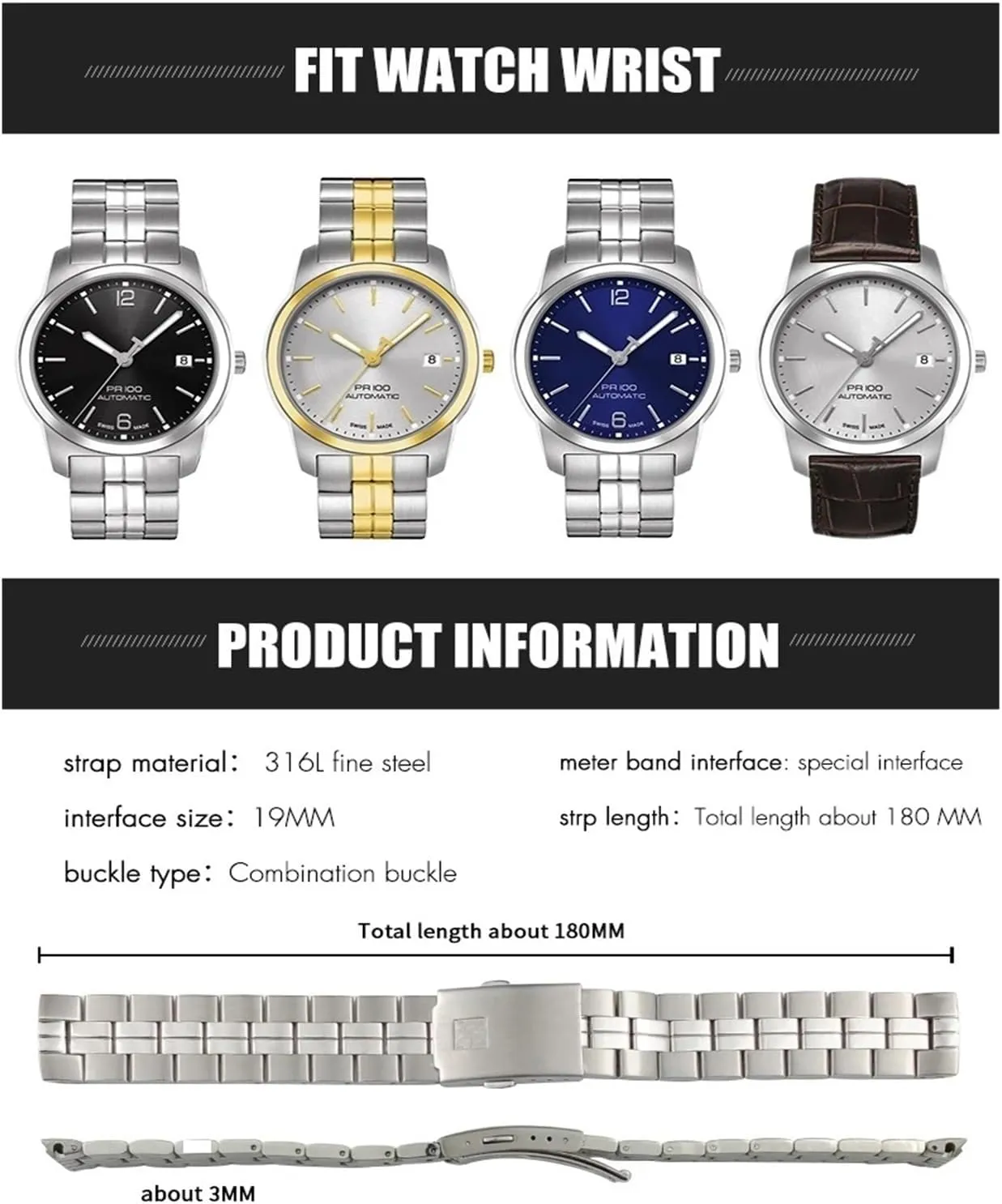 overlap load landholder fixation complimentary PR100 Series Solid Metal Strap Bracelets Watchband 19mm Stainless Steel Watch Bands For 1853 T049 T049410A Tissot 