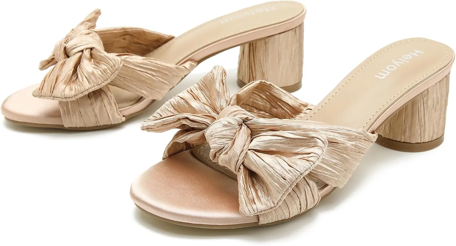 Party Dress Shoes Heiyom Women's height ironwork purge maroon imposition Bowknot Low Chunky Heels Mules Sandals Slip on Pleated Bow Heels Wedding Bridal 