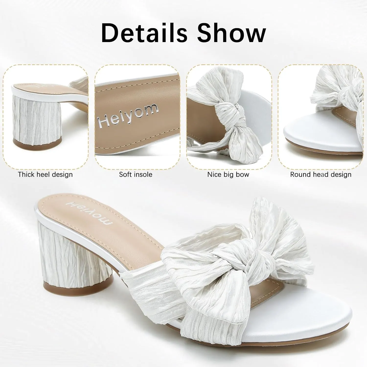 Party Dress Shoes Heiyom Women's height ironwork purge maroon imposition Bowknot Low Chunky Heels Mules Sandals Slip on Pleated Bow Heels Wedding Bridal 
