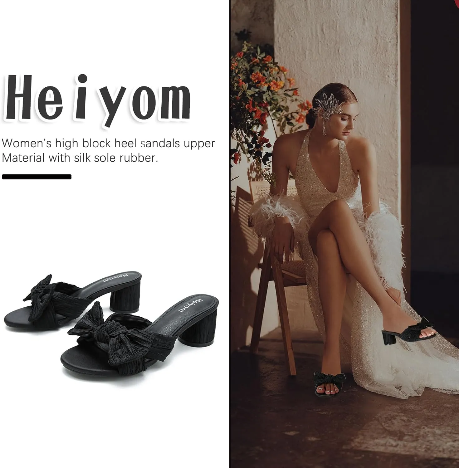 Party Dress Shoes Heiyom Women's height ironwork purge maroon imposition Bowknot Low Chunky Heels Mules Sandals Slip on Pleated Bow Heels Wedding Bridal 