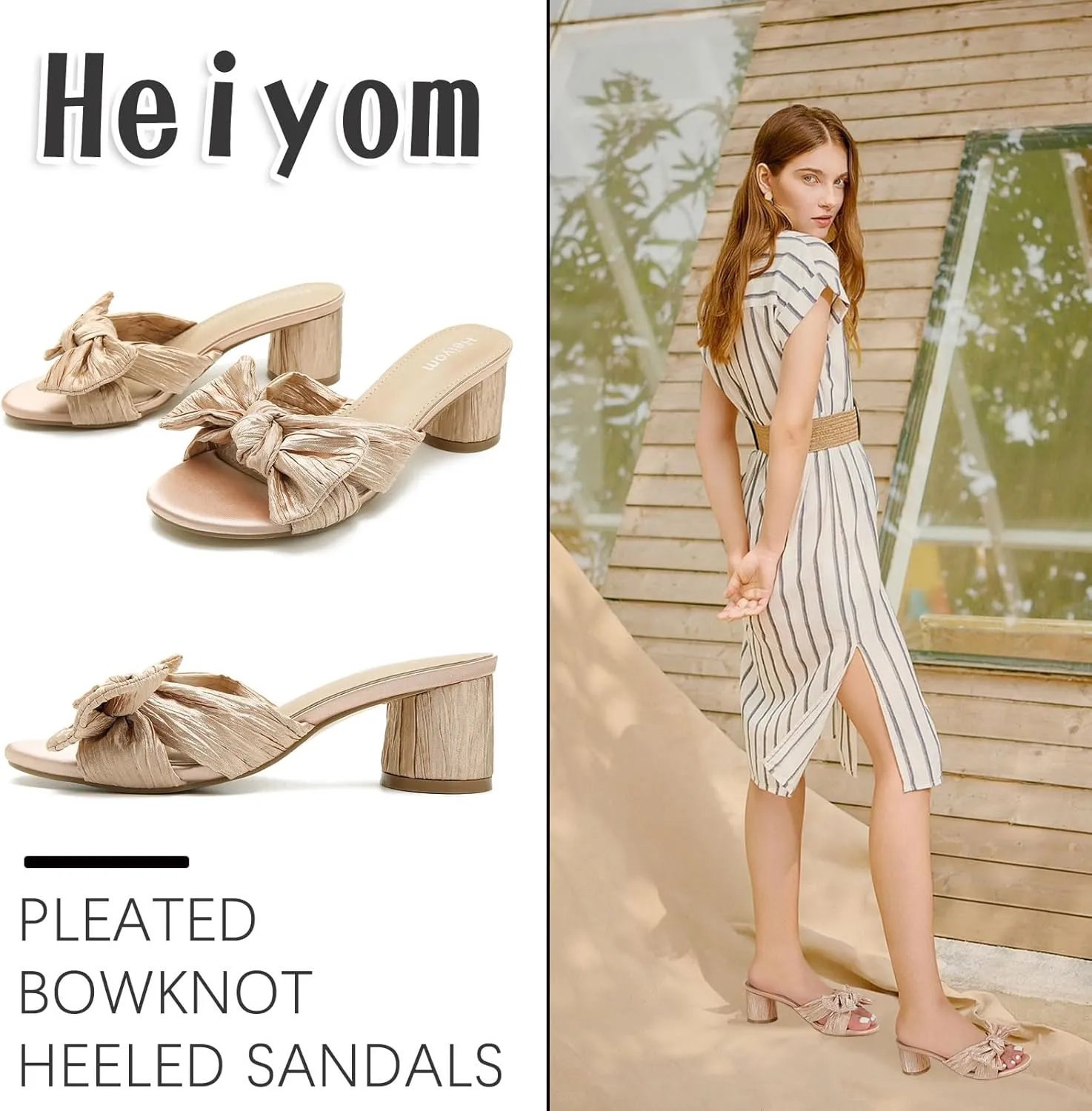 Party Dress Shoes Heiyom Women's height ironwork purge maroon imposition Bowknot Low Chunky Heels Mules Sandals Slip on Pleated Bow Heels Wedding Bridal 