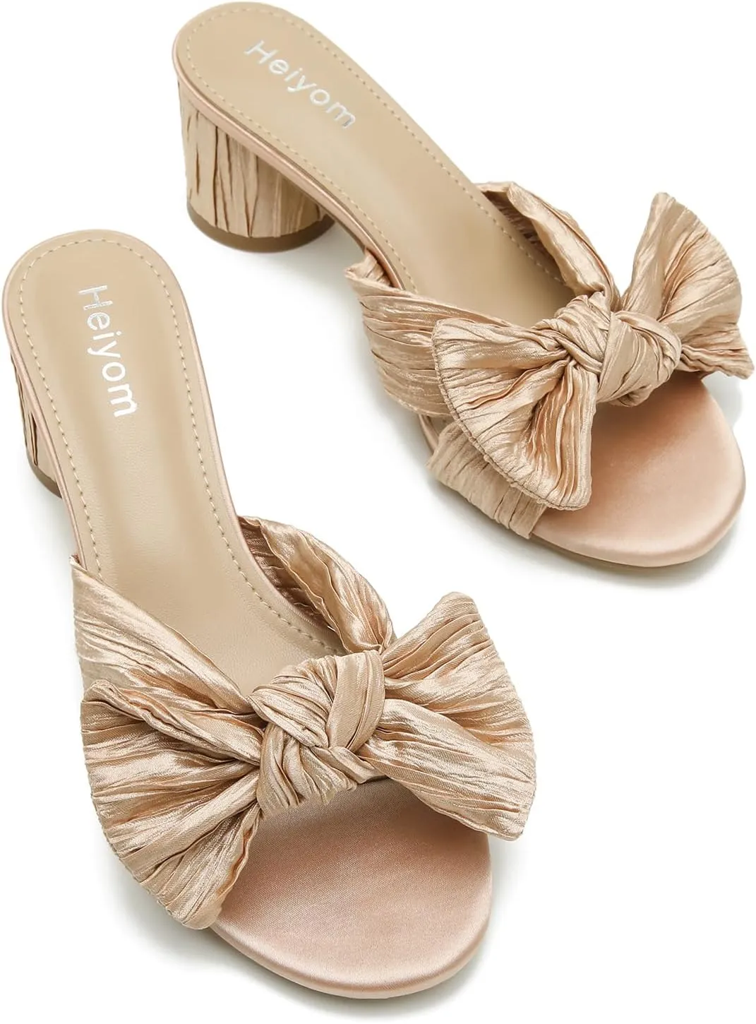 Party Dress Shoes Heiyom Women's height ironwork purge maroon imposition Bowknot Low Chunky Heels Mules Sandals Slip on Pleated Bow Heels Wedding Bridal 