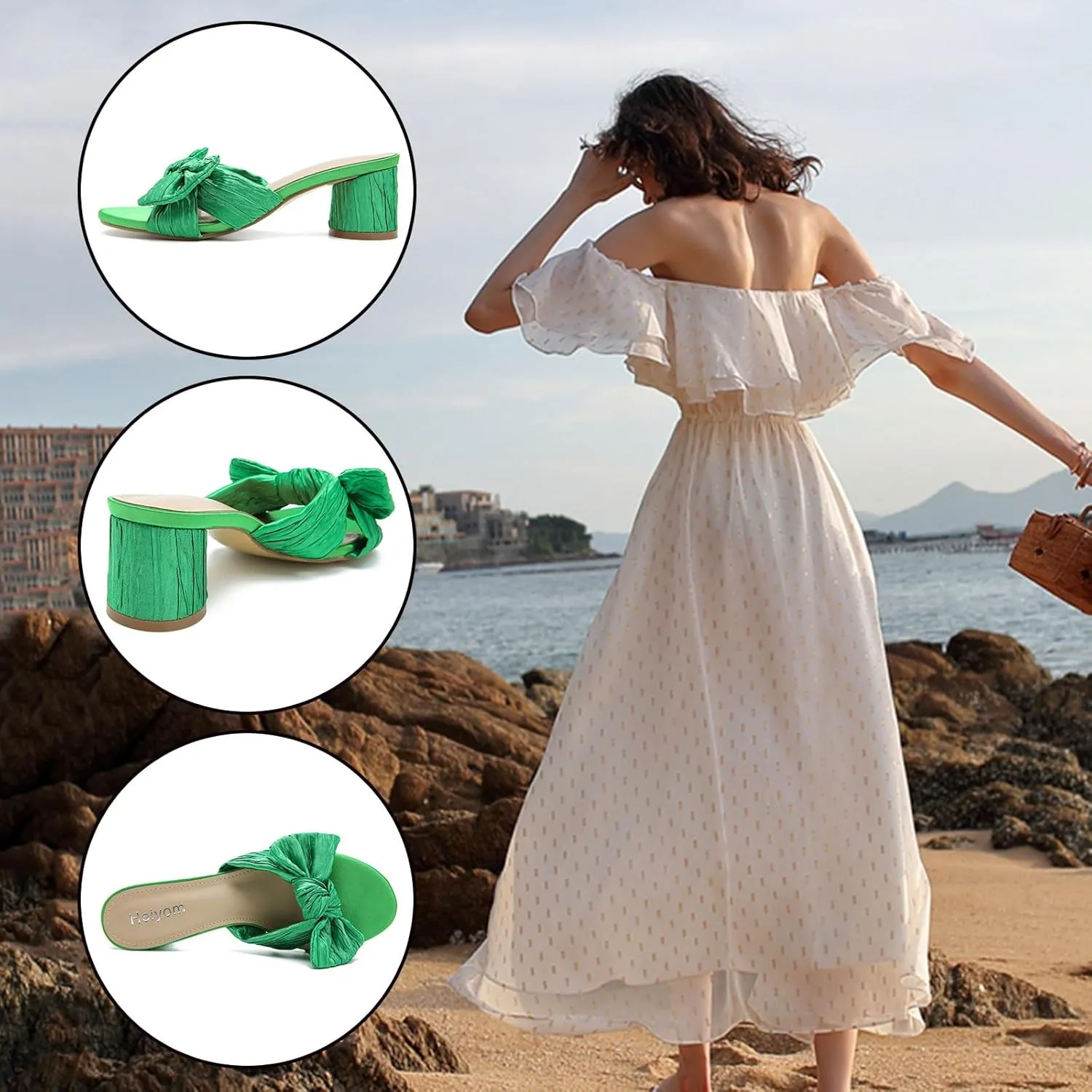 Party Dress Shoes Heiyom Women's height ironwork purge maroon imposition Bowknot Low Chunky Heels Mules Sandals Slip on Pleated Bow Heels Wedding Bridal 