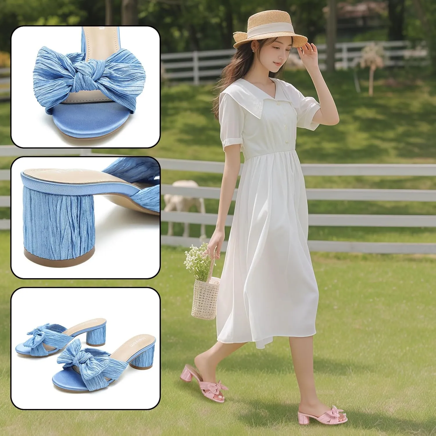 Party Dress Shoes Heiyom Women's height ironwork purge maroon imposition Bowknot Low Chunky Heels Mules Sandals Slip on Pleated Bow Heels Wedding Bridal 