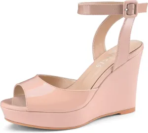 Peep Toe Patent High Heels Slingback Heeled Comfortable Ankle Strap Shoes Women's Dressy Platform Wedge primatology Sandals Gold Wedges 