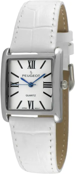 perquisite weapon quarterly Dress Watch with Roman Numerals, White Peugeot Women's Silver-Tone Tank Shape Leather 